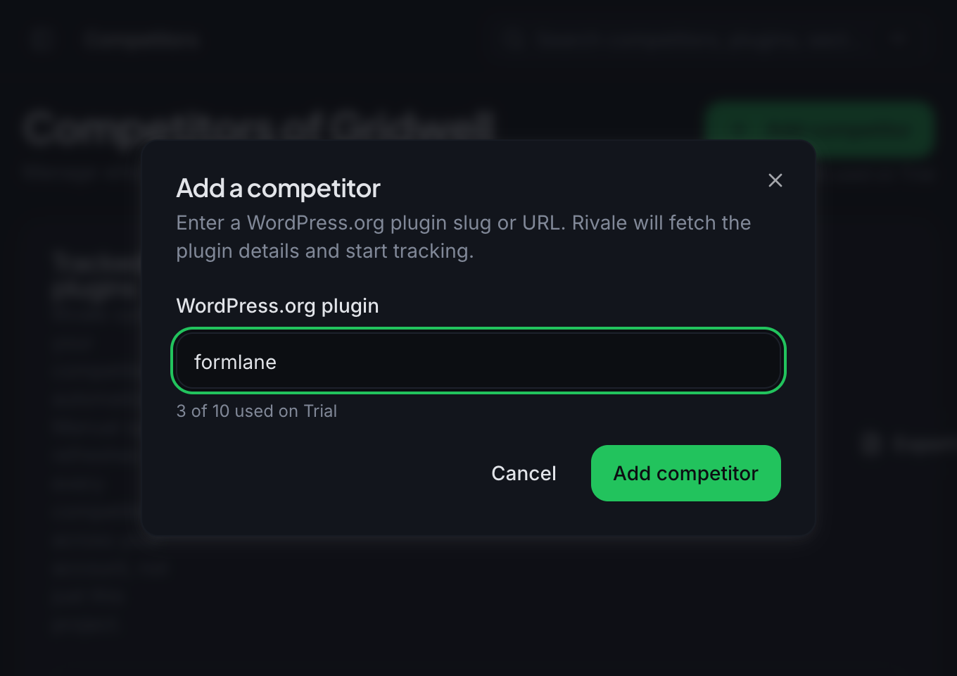 The Add a competitor dialog accepts a slug or a full URL. The counter under the field shows the slots you have used.