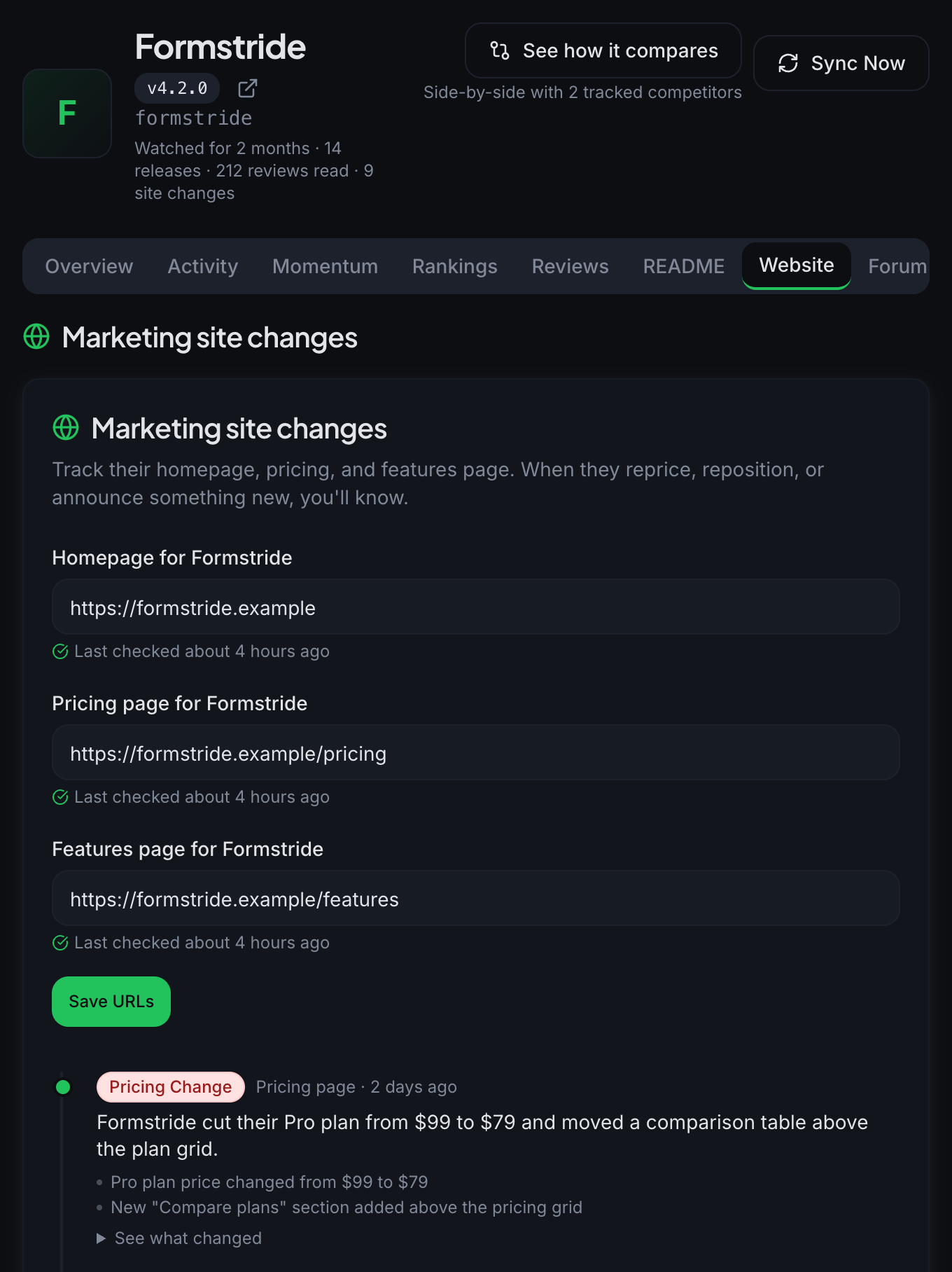 The Website tab: the three URL fields and Save URLs. Detected changes are listed further down.