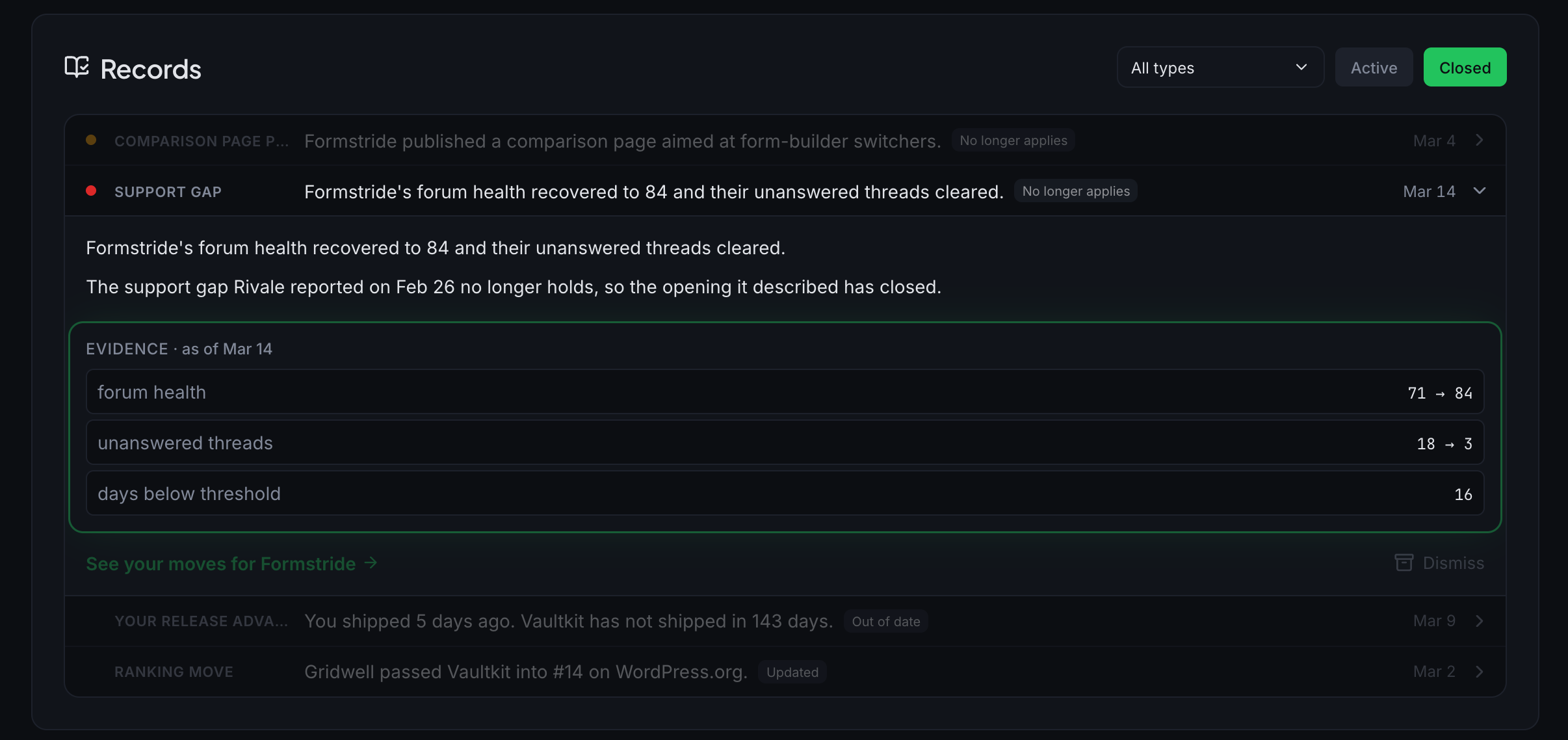 Records view showing evidence and a closed claim