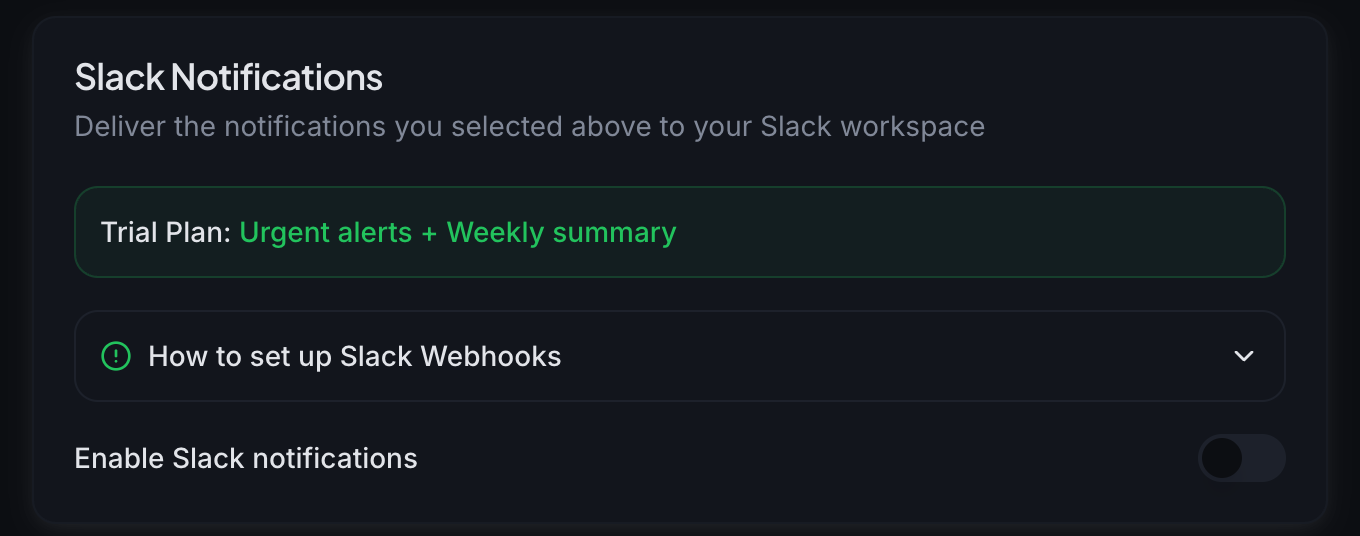 The Slack Notifications card before you enable it, with the webhook guide collapsed.
