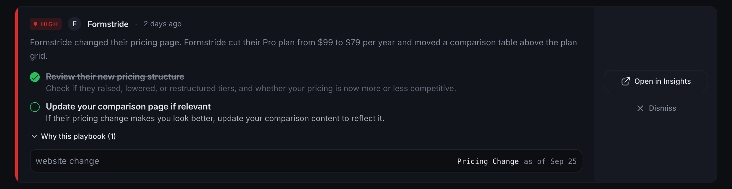 The playbook for Formstride's price change, with its actions and evidence