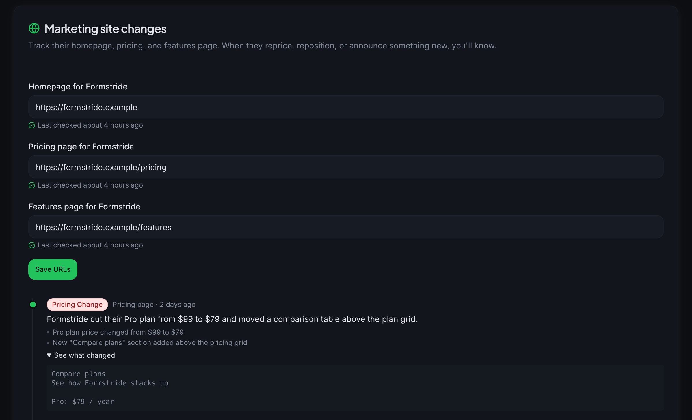 Formstride's pricing page change, labeled and dated, with the change opened