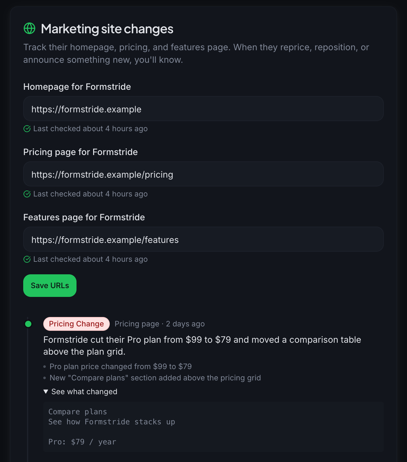 A competitor pricing page change, dated, with the exact lines that changed.